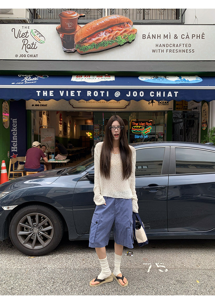 【小蓝莓】Плотные винтажные сине-фиолетовые свободные капри с большими карманами