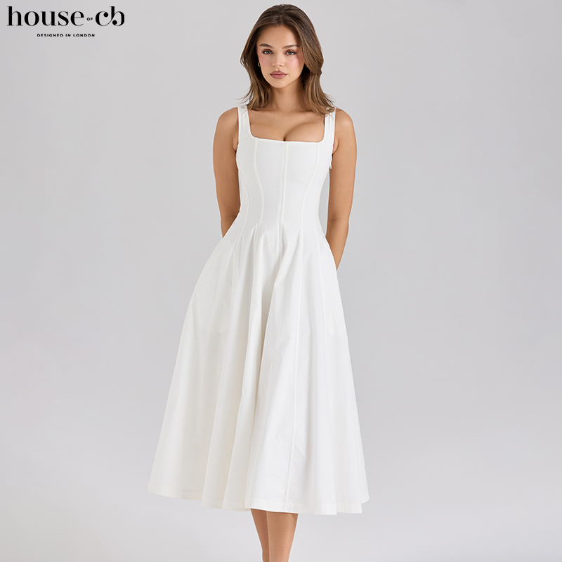 House of Cb Simple and Elegant White Stretch Cotton Mid-Length Sundress Mariabella