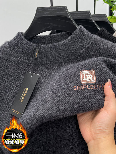 One-piece velvet winter half-turtleneck sweater for young and middle-aged men, new fashion embroidered velvet thickened warm sweater trendy