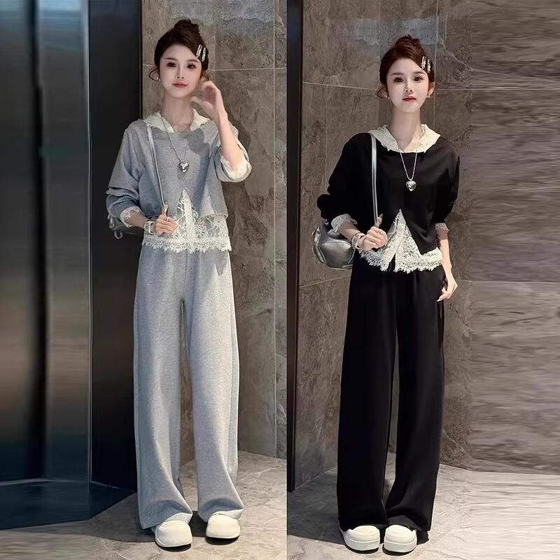 Spring and Autumn Korean Fashion Set 2026 New Style Lazy Style Lace Hooded Casual Top Wide-Leg Pants Three-Piece Set