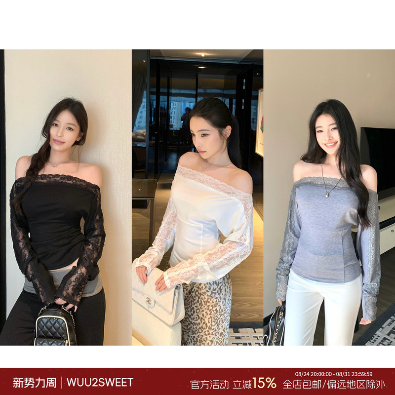 Wu Tai Tian Lyocell Lace Patchwork Off-Shoulder Long-Sleeve T-Shirt for Women, Pure and Desirable Design, Waist-Cinching, Slimming Top for Summer Wu Tai Tian Lyocell Lace Patchwork Off-Shoulder Long-Sleeve T-Shirt for Women, Pure and Desirable Design, Waist-Cinching, Slimming Top for Summer