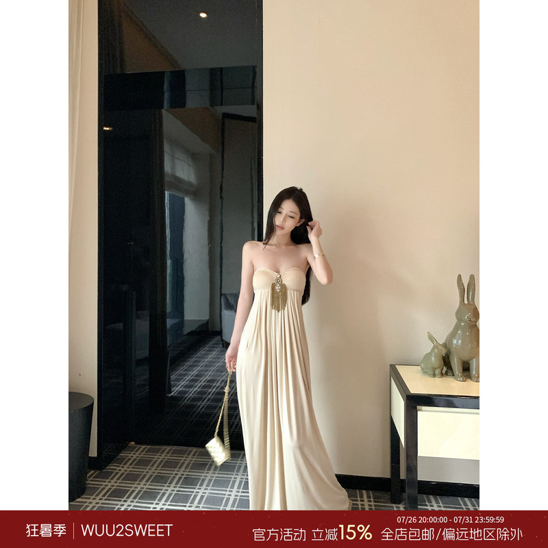Wu Taitian Modal Tassel Pendant Strapless Dress Women's Slim Fit Flowy Elegant Vacation Style Long Dress