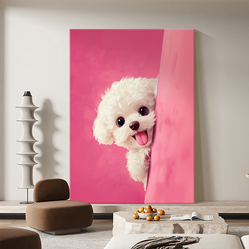 Cute Puppy Decorative Painting for Living Room, Pink Sweetheart Bedroom Hand-Painted Oil Painting, Girl's Room Hanging Painting, Adorable Entryway Painting