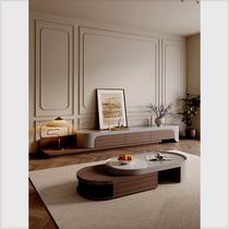 原木色茶几客厅家用小户型奶油风现代简约可伸缩实木电视柜组合