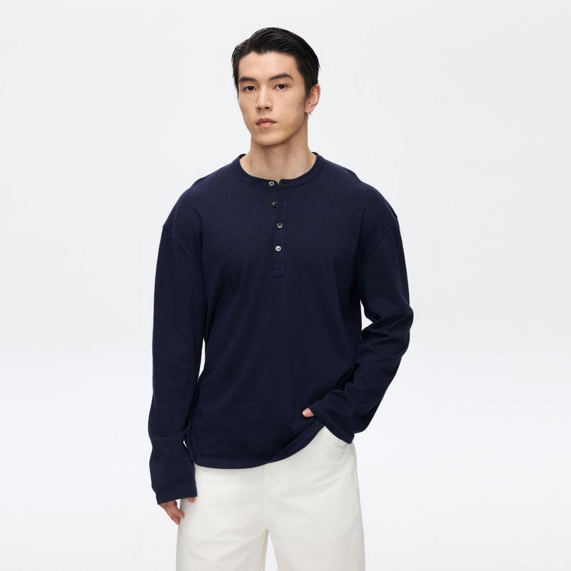 Oneup High-Twist 40S Pure Cotton Henry Collar Long-Sleeve Top, High-End Lightweight Breathable Loose T-Shirt Base Layer for Men