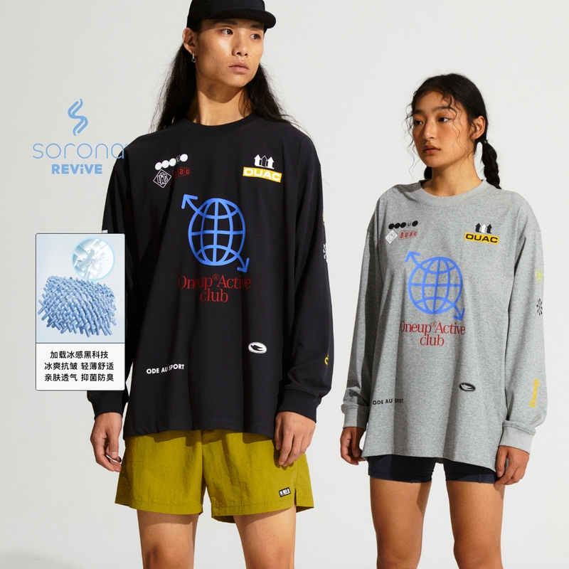 Oneup (Clothing) Cool Colorful Printed Long-Sleeved T-Shirt Round Neck Sports Breathable Cool Casual Loose Top