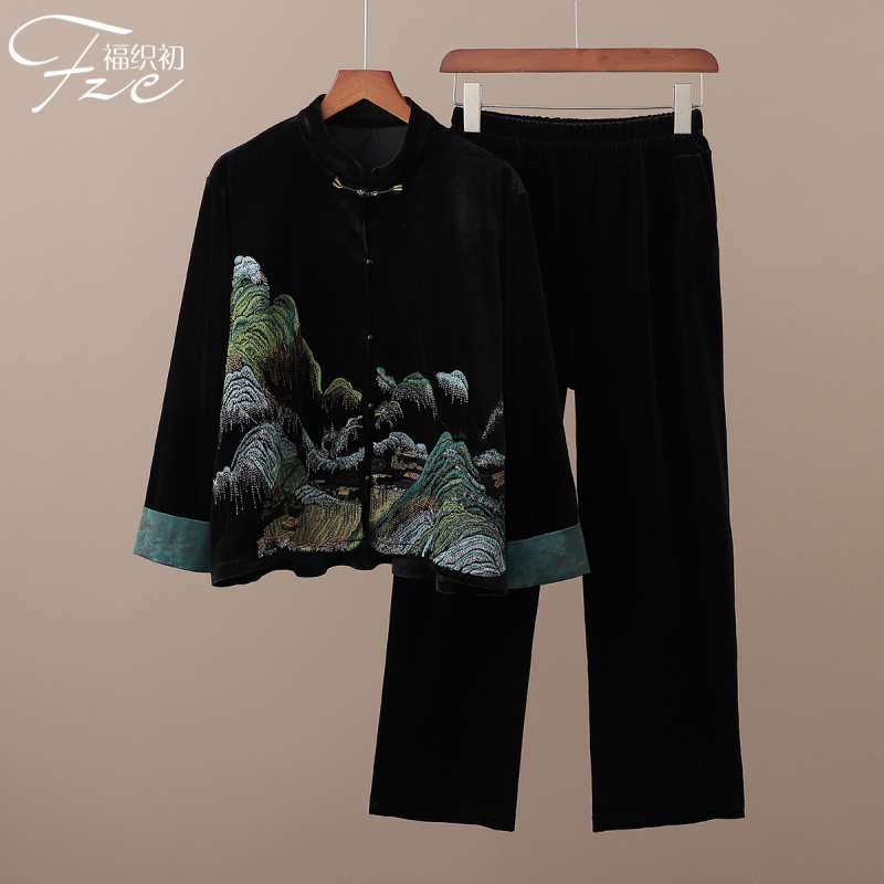 Elegant Mother's Fashionable Age-Reducing Velvet Embroidered Jacket and Pants Set for Spring and Autumn, Grandma's and Wife's Two-Piece Outfit
