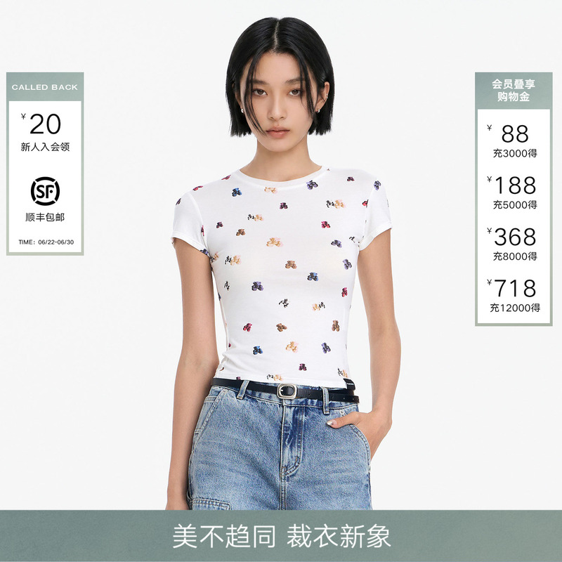 Called Back Fun Bear Print T-Shirt for Women 2026 Spring and Summer New Round Neck Slim Fit Short-Sleeved Top