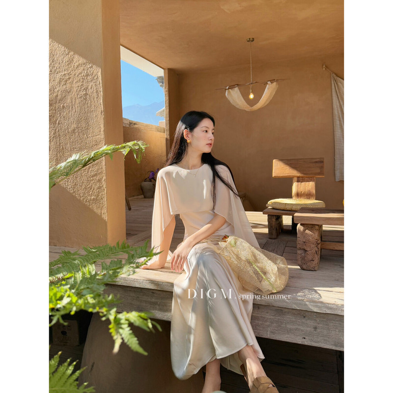 Thirteen Lines Digm Cape Shawl Collar Dress Summer Waist-Cinching Fishtail Slimming Chiffon Patchwork Long Dress Thirteen Lines Digm Cape Shawl Collar Dress Summer Waist-Cinching Fishtail Slimming Chiffon Patchwork Long Dress