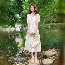 2024 Summer Womens Clothing Actual Shot Apricot Blossom Light Rain Series丨Fashionable Square Neck Floral Skirt New Mid-Length Dress
