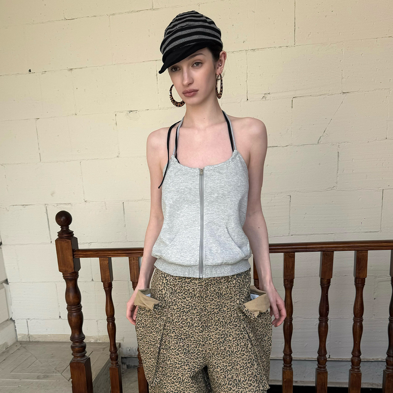 Andnever E Gray Zip-Up Sweatshirt Halter Neck Tank Top Girly Short Women's Casual Fashion Style