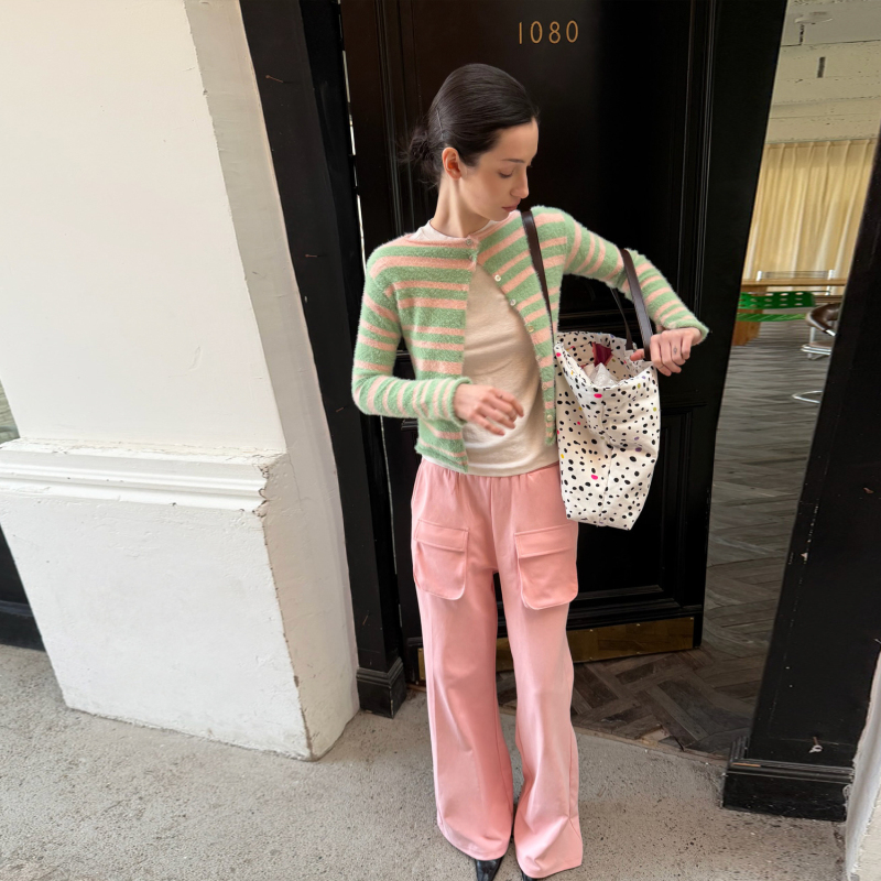 Andnever E Pink and Mint Green Contrast Striped Faux Mink Sweater Knit Cardigan Andnever E Pink and Mint Green Contrast Striped Faux Mink Sweater Knit Cardigan