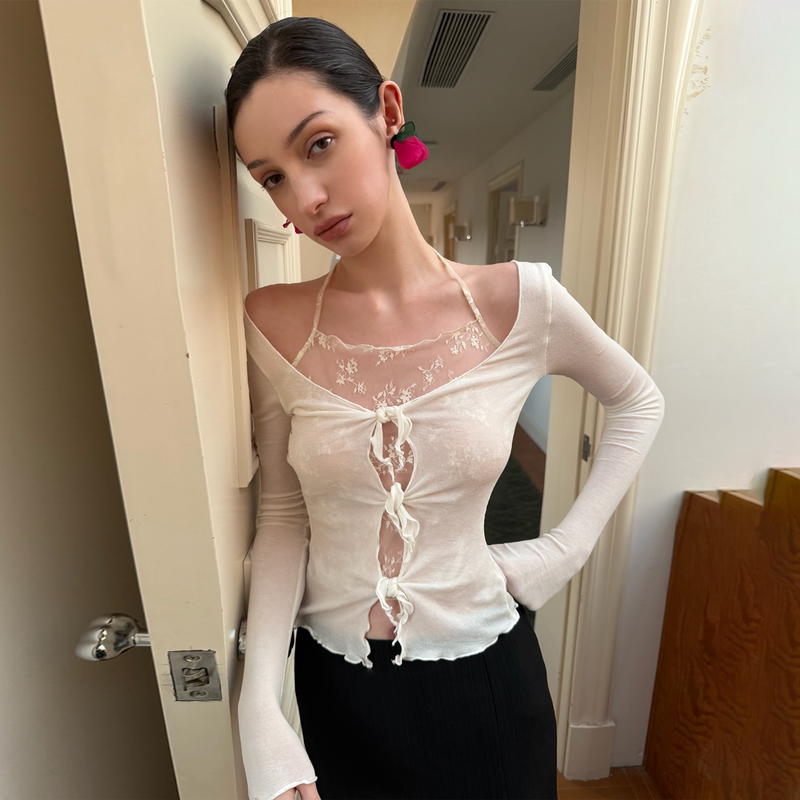 Andnever E Lace Fake Two-Piece Sheer Lace-Up Cardigan Slim Long-Sleeve Spring New Style Andnever E Lace Fake Two-Piece Sheer Lace-Up Cardigan Slim Long-Sleeve Spring New Style