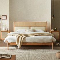 Rattan craftsman Japanese style all solid wood rattan bed modern and simple 1 8 meter large bed 1 5 meter master bedroom rattan double bed