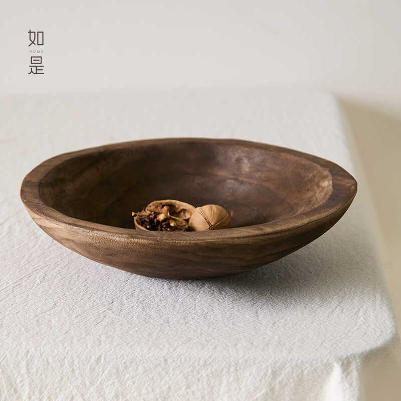 Retro Wabi-Sabi Style Wooden Fruit Tray, Solid Wood Plate, Wooden Fruit Plate, Round Fruit Bowl for Guesthouse Decoration