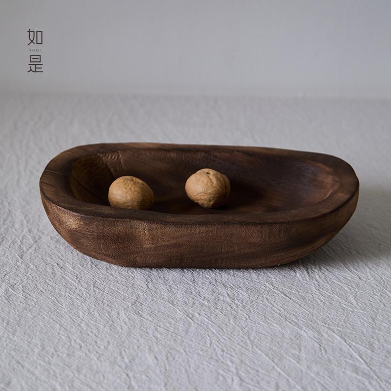 Retro Wabi-Sabi Style Fruit Plate, Coffee-Colored Wooden Tray, Dried Fruit Plate, Oval Candle Tray for Guesthouse Living Room