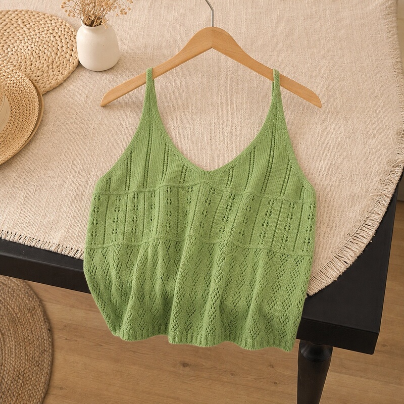 Knitted Camisole for Women, Summer 2026, Green, Sleeveless, Hollow-Out Design, 20% Wool, Loose Fit, Lightweight, Fresh Style Top Knitted Camisole for Women, Summer 2026, Green, Sleeveless, Hollow-Out Design, 20% Wool, Loose Fit, Lightweight, Fresh Style Top