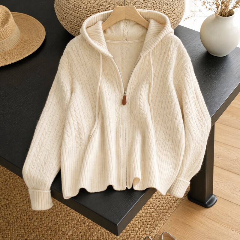 Sweater Cardigan for Women 2026 Autumn Off-White Hooded Zipper Long-Sleeved Twist Pattern Loose Lazy Style Knitted Jacket
