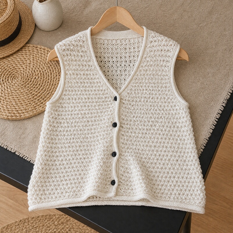 Knitted Vest for Women, 2026 Autumn, Off-White V-Neck, Sleeveless, Hollow-Out, Loose-Fitting, Knit Outerwear for Layering, New Arrival Knitted Vest for Women, 2026 Autumn, Off-White V-Neck, Sleeveless, Hollow-Out, Loose-Fitting, Knit Outerwear for Layering, New Arrival