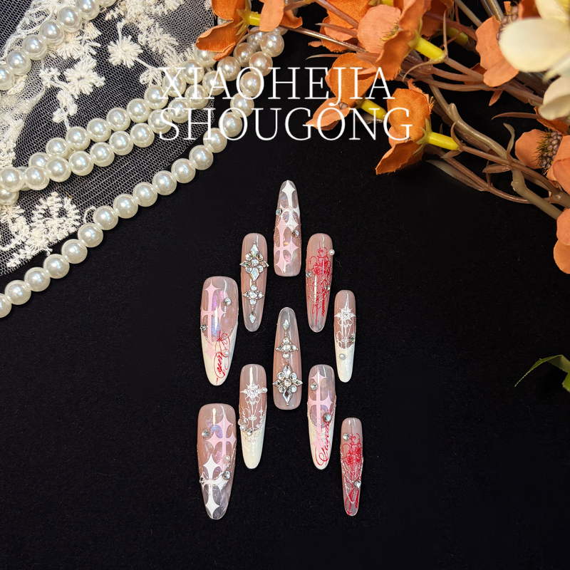 【Xiao He's Shop】Purely Handmade, Exquisitely Crafted Chrome Heart Wearable Nails, Long Cross Design, High-End French Style Nail Art, New Model