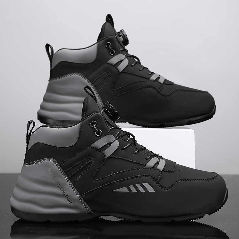 Jiande Men's High-Top Spring Shoes with Rotating Buckle, Mid-Top Black Height-Increasing Platform Dad Sneakers, Basketball Trendy Shoes
