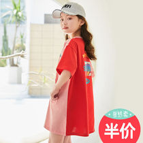 Girls dress big children summer new princess dress Korean version of loose T-shirt printing color matching stitching half sleeve