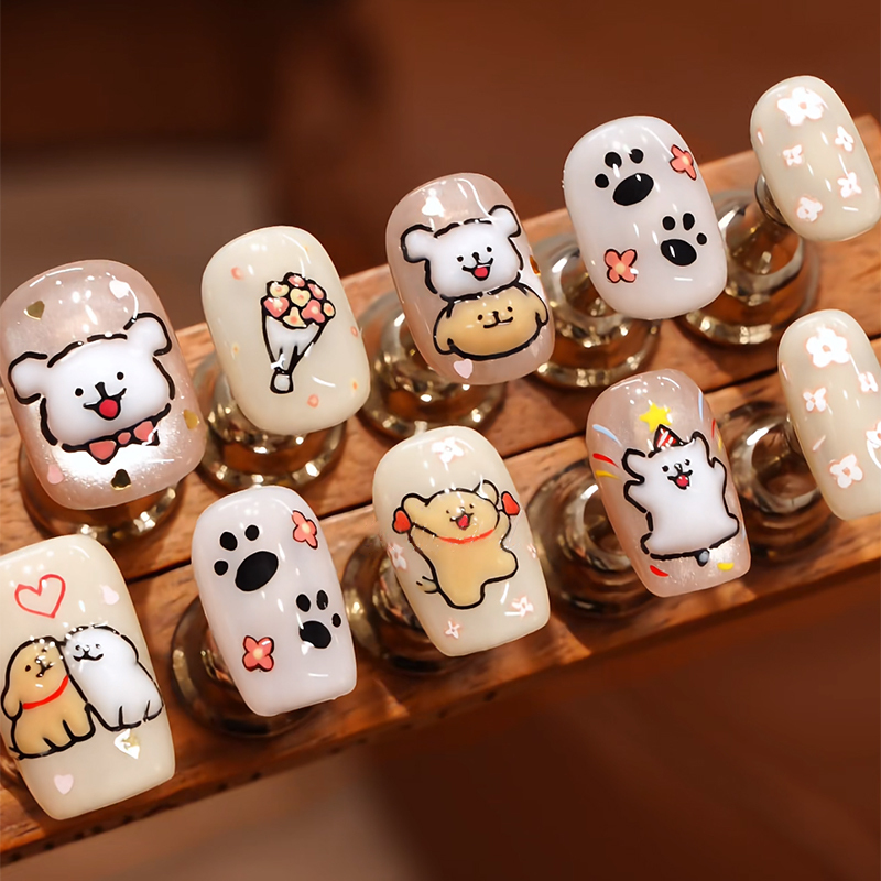 Line Art Puppy Handmade Nail Art, Childlike Cartoon Cute and Adorable Children's Short Nails, Student Sweet Girl Cat Eye Nail Art