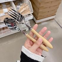 Japanese style 304 stainless steel table spoon ash solid wood handle Western table fork tableware pasta fork eating soup spoon salad fork