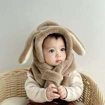 Baby hat scarf all-in-one hat winter thickened warm plush baby ear protection hat cute bunny ears pullover hat