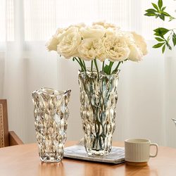 Crystal Glass Vase Decoration for Living Room, Transparent Flower Arrangement, Rose, Light Luxury, High-End Feel, Fresh Flowers, Lily, Dining Table Vase