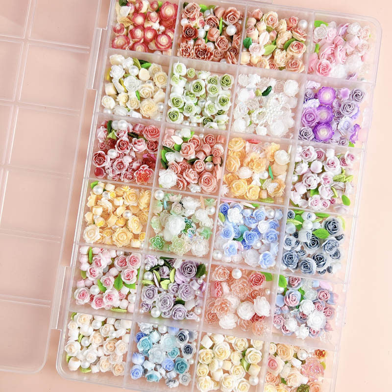 24 Grids of Mixed Nail Art Decorations Including Rose Buds, Camellia Leaves, Heart-Shaped Pearls, DIY Nail Decoration Kit