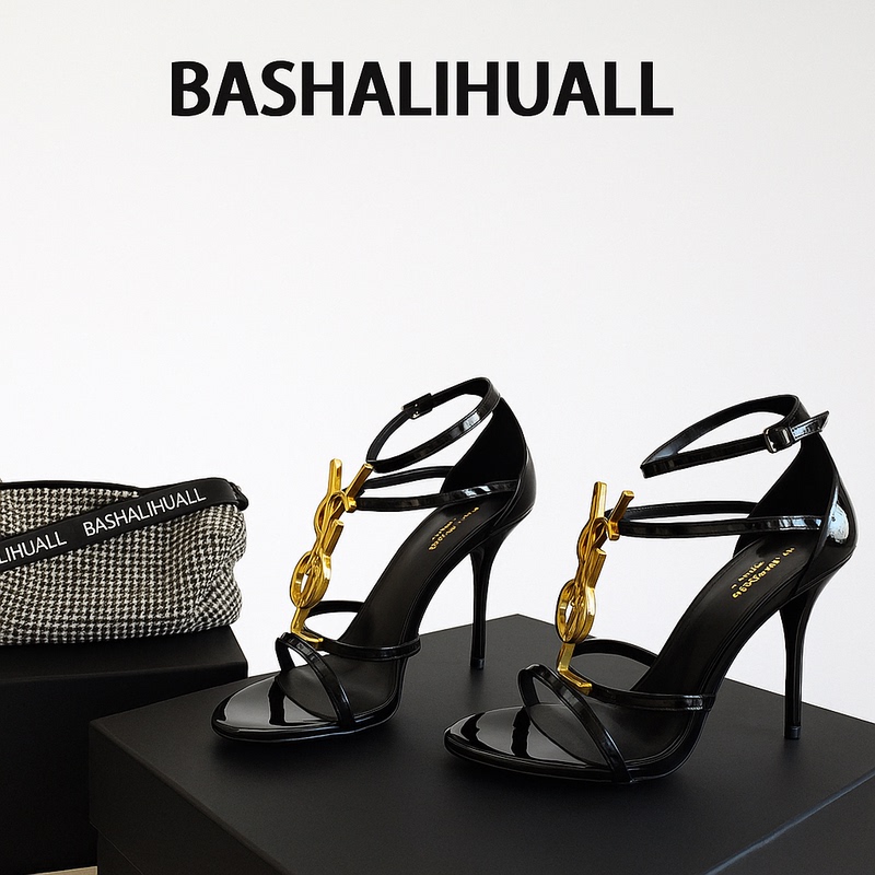 Yang Shulin Same Style Black and Gold Letter Buckle Sandals for Women 2025 New Open-Toe Stiletto Patent Leather High Heels with Elegant Temperament