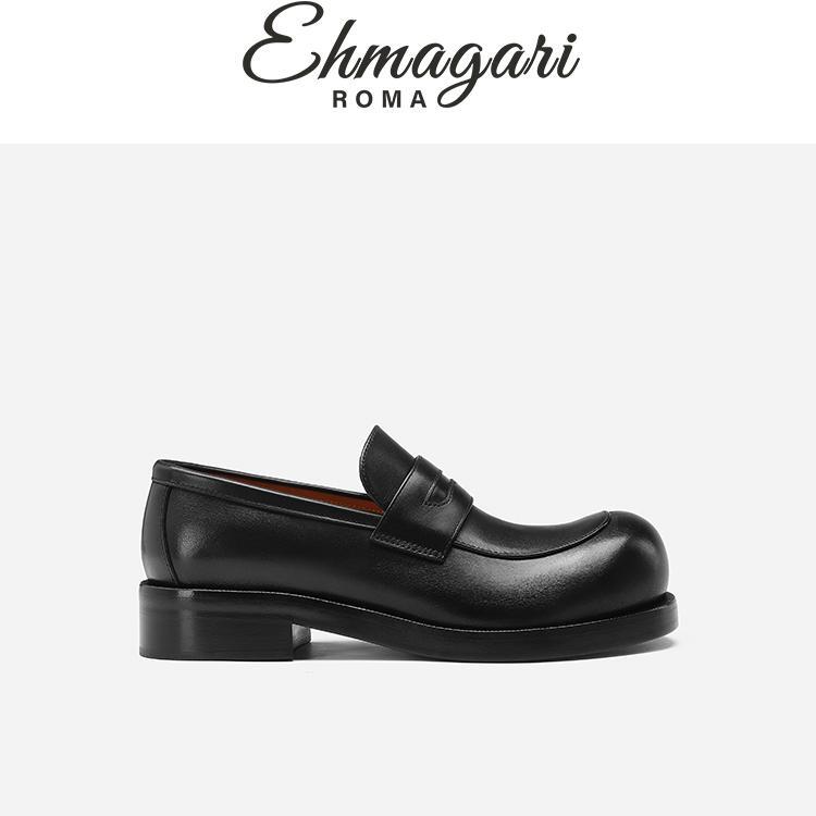Ehmagari Celi Italian Designer Black Round-Toe Calfskin Thick-Soled Loafers