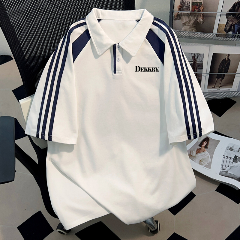 High-End American Design Versatile Pure Cotton T-Shirt Unisex Polo Shirt Summer Couple Outfit Cool White and Navy Blue Short Sleeve