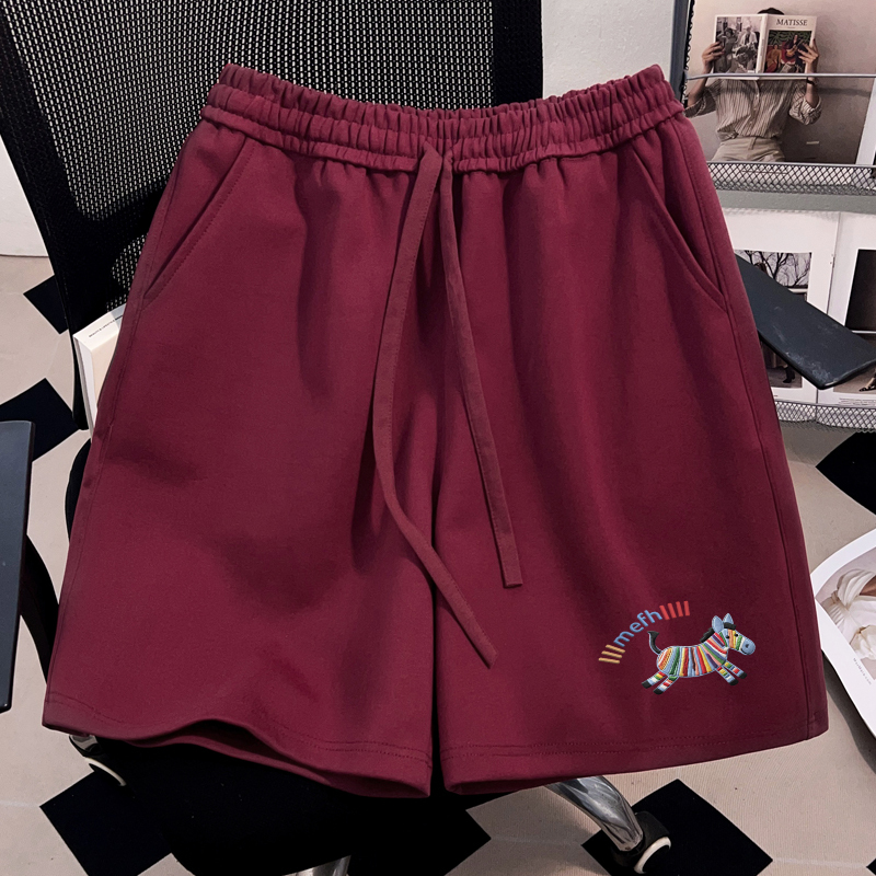 American-Style Cartoon Print Street Shorts, Summer Casual Cool Burgundy Pants, Unisex Couple Wear, Knee-Length Shorts