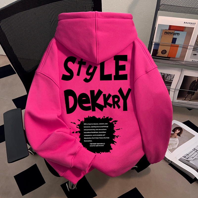 American-Style Trendy Hooded Sweatshirt in Dragon Fruit Color, Autumn Unisex Letter Print Fashionable Top, Couple Outfit