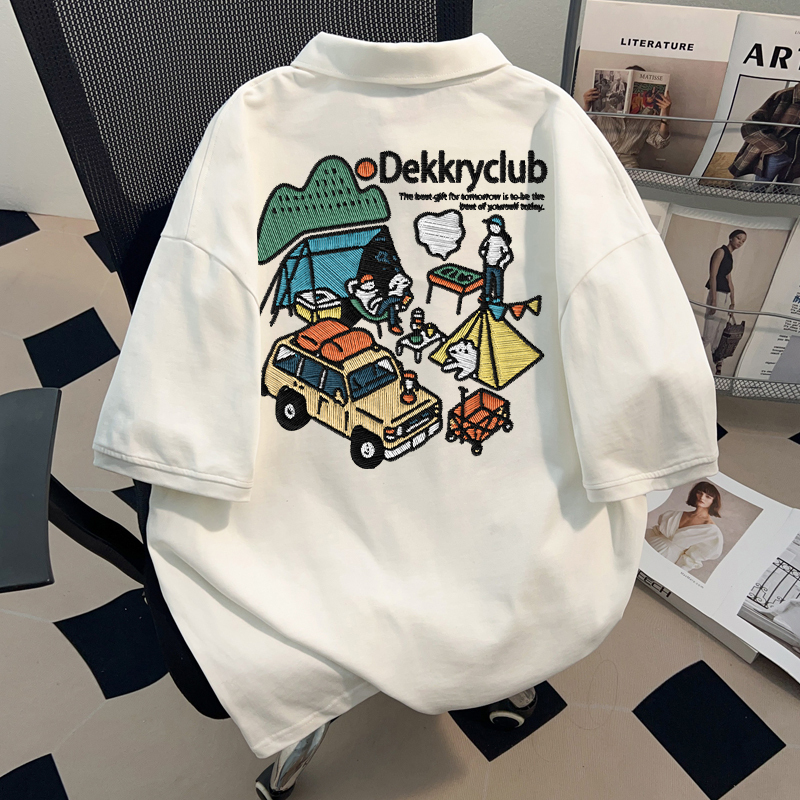 2025 American Retro Polo Shirt Summer New Short-Sleeved Unisex Trendy Brand Couple Outfit ins White Cool Top