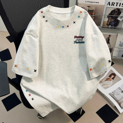 American Trendy Brand Heavyweight Pure Cotton Creative Pattern Printed Half-Sleeve Top Summer Unisex White and Gray Short-Sleeve T-Shirt