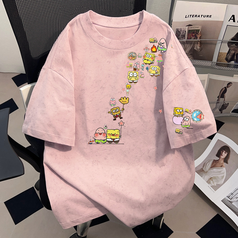 American-Style Heavyweight Pure Cotton T-Shirt Couple Outfit Short-Sleeved Men's and Women's Fun Cartoon Print Batik Style Pink Half-Sleeve Top