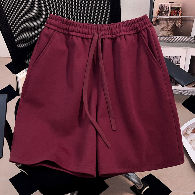 American-Style Fashionable and Unique Solid Color Street Shorts for Men and Women, Couple Wear, Five-Point Shorts, Summer Cool Burgundy Pants
