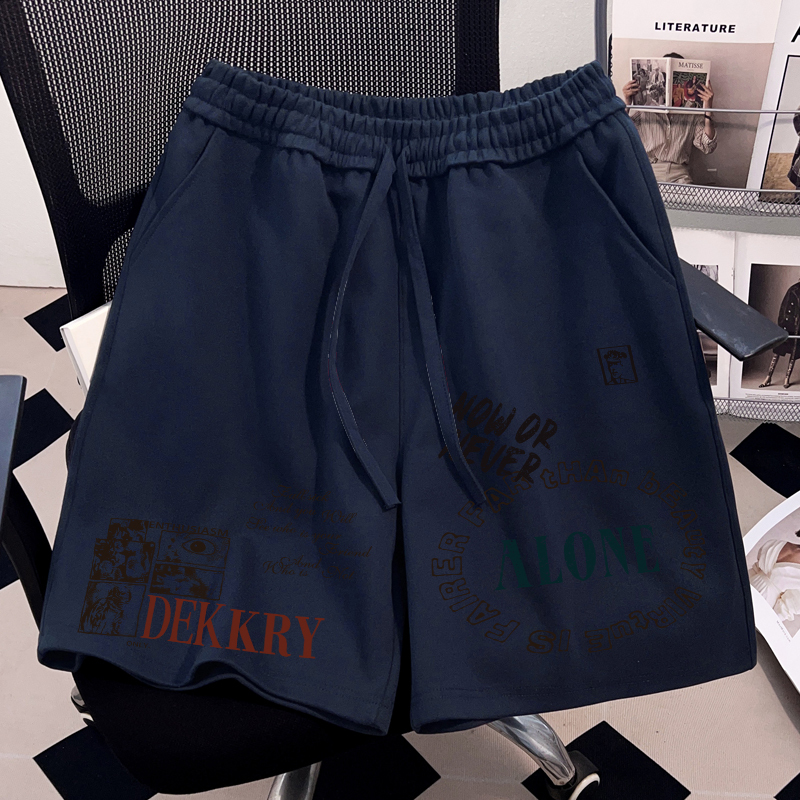 American-Style Round Letter Print Shorts, Summer Retro Navy Blue Cool Pants, Unisex Couple Wear, Five-Point Shorts American-Style Round Letter Print Shorts, Summer Retro Navy Blue Cool Pants, Unisex Couple Wear, Five-Point Shorts