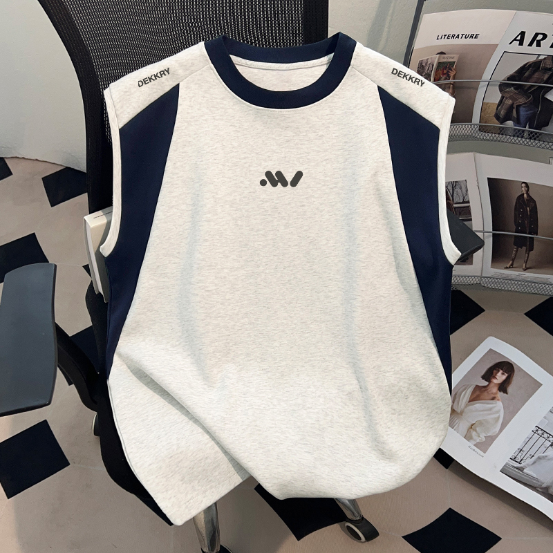 American-Style Pure Cotton White and Gray with Navy Blue T-Shirt for Men and Women, Summer Letter Print Trendy Brand Couple Outfit, Cool Sleeveless Top