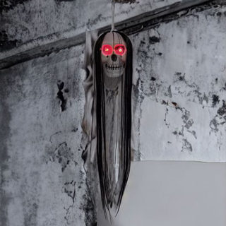 Halloween Decoration Long Hair Glowing Skull Hanging Ghost Pendant Haunted House Secret Room Scene Layout Pendant Horror Hanging Ghost