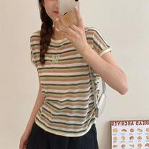 Xia Shangs new Korean style round neck striped beaded letter design pleated fashionable bamboo linen knitted short-sleeved womens T-shirt