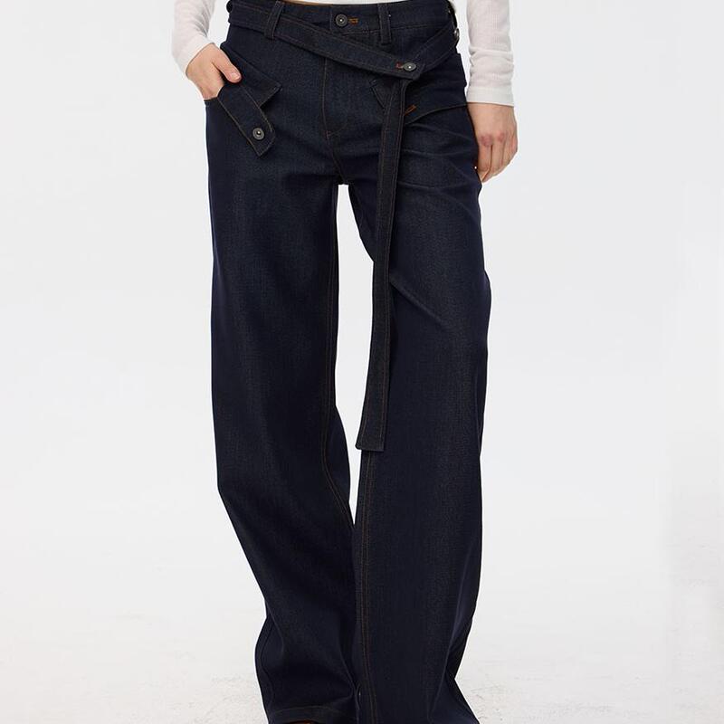 [Five Hundred Recommendations] Fuse Flora Deconstructed Micro-Stretch Imitation Denim Back Pocket Embroidered Draped Straight-Leg Pants