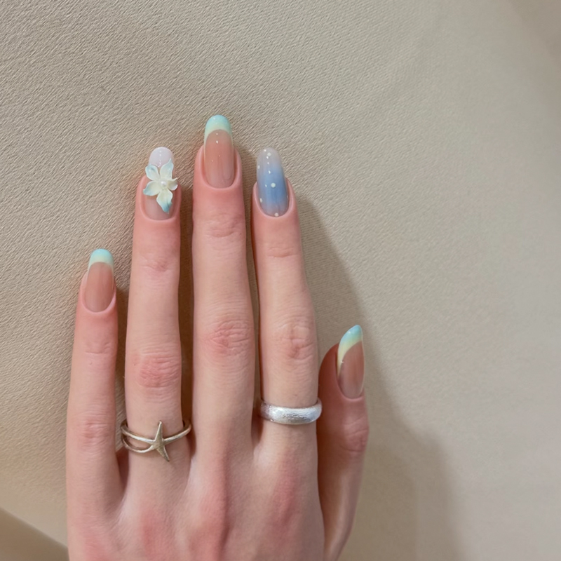 Spring and Summer Fresh Style Carved Handmade Nails French Gradient High-End Heavy-Duty Medium-Long Nail Art Nail Patches