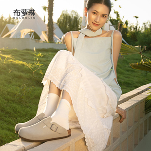 布萝琳！牛皮软木复古包头外穿休闲情侣半拖