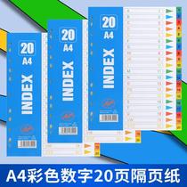 Classification paper Colored digital 20-page index paper PP plastic spacer paper 11-hole A4 classification page paging paper