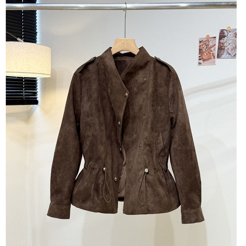 Atmospheric Suede Jacket for Women 2026 Autumn and Winter New Style Diagonal Placket Drawstring Waist Slimming Biker Style Jacket for Women Trendy