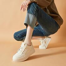 Genuine leather white shoes for women 2024 spring new thick-soled heightening casual shoes popular campus flat-soled non-slip running shoes